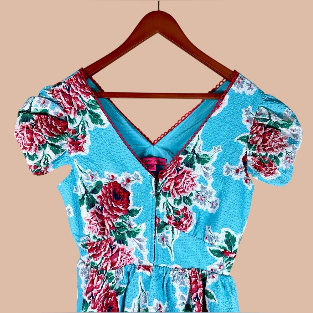 Betsey Johnson Teal Blue Floral Babydoll Tiered seersucker Tea Dress - Picture 7 of 10